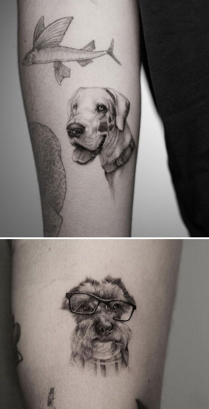 Realistic animal tattoos featuring a dog and a flying fish on an arm, highlighting simplicity and detail.