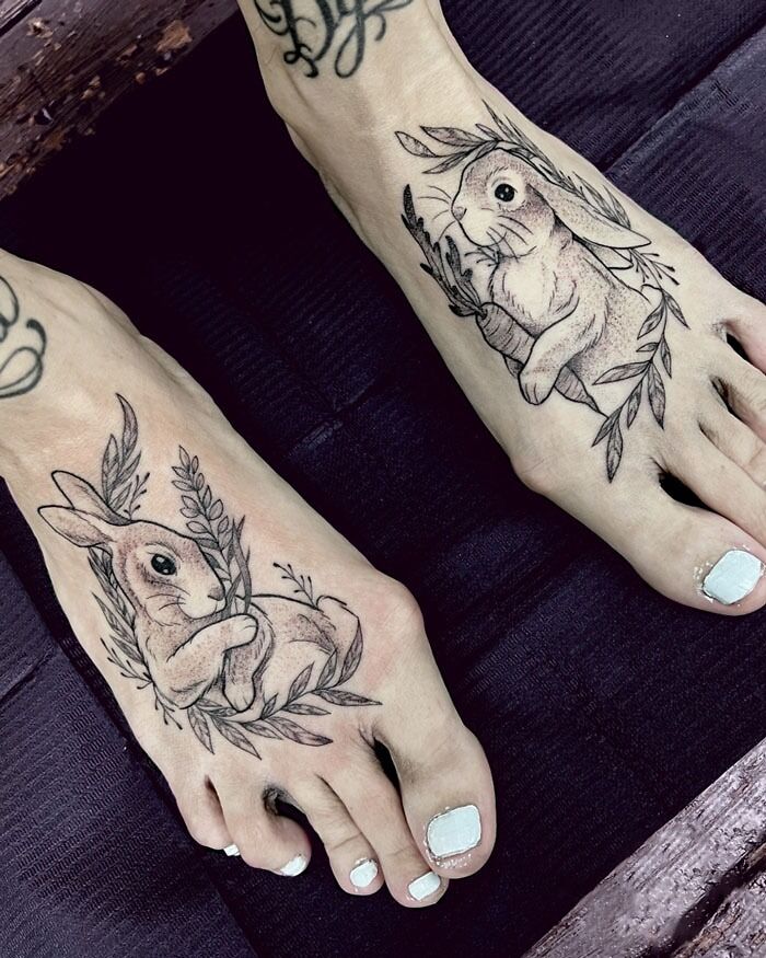 Foot tattoos of rabbits with leaves, showcasing animal tattoo ideas in simple and realistic style.