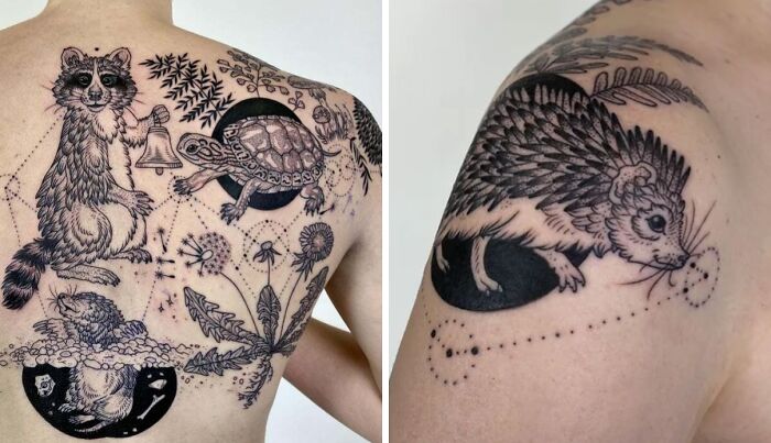 Animal tattoos featuring a raccoon, turtle, and hedgehog, showcasing simplicity and realism on the back and arm.