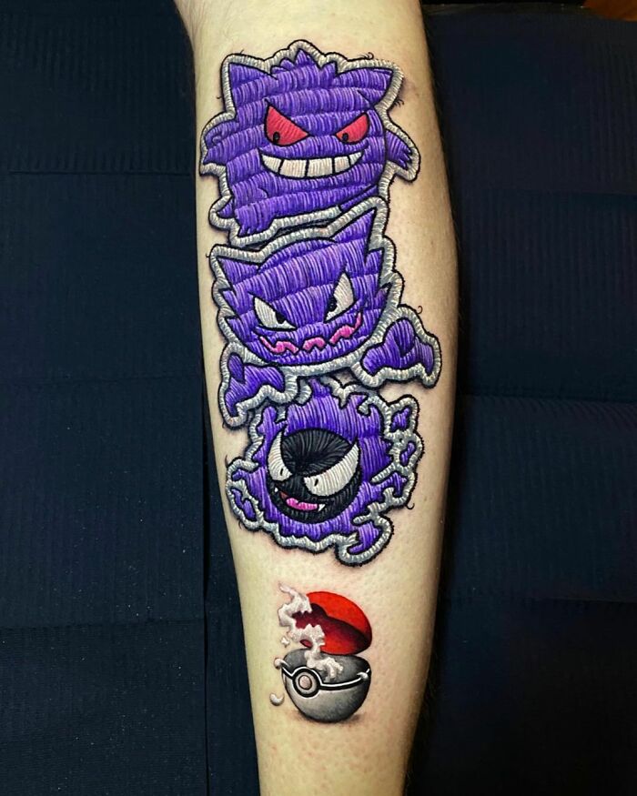 Tattoo featuring three ghostly creatures by Eduardo Lozano, showcasing innovative dimensions in tattooing.