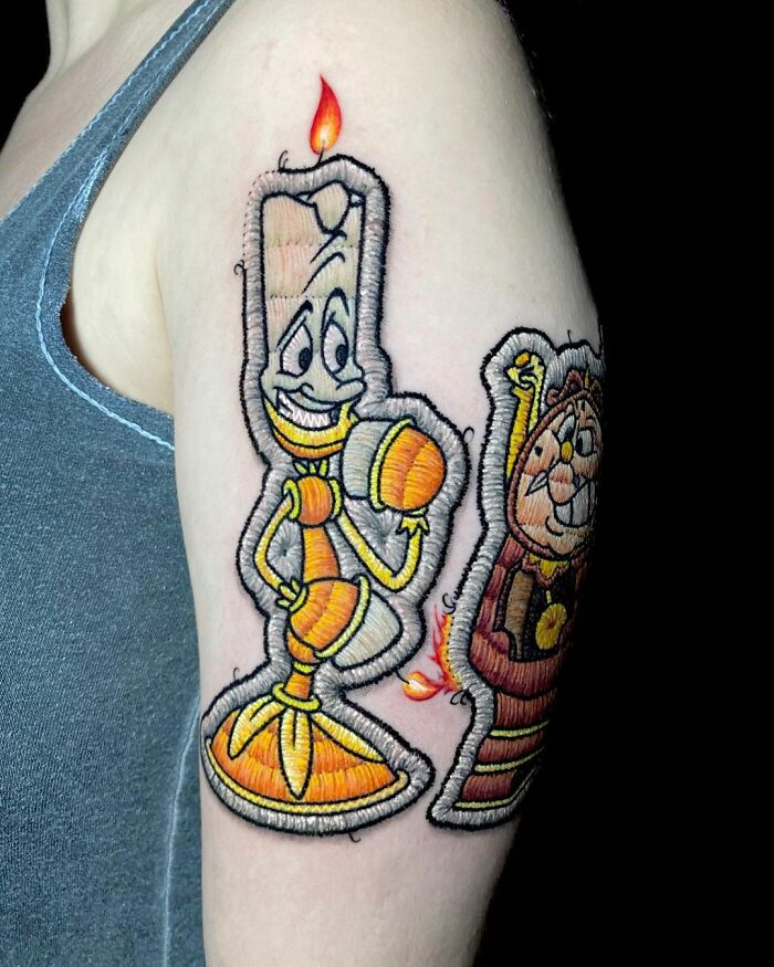 Tattoo featuring cartoon candle and clock by Eduardo Lozano, showcasing a new dimension in tattooing.