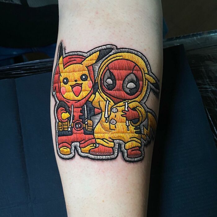 Tattoo featuring Pikachu and Deadpool fusion by Eduardo Lozano, showcasing his new dimension in tattooing.