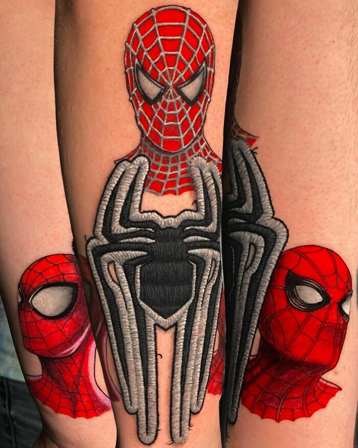 Spider-Man tattoo by Eduardo Lozano showcases intricate 3D design on forearm.
