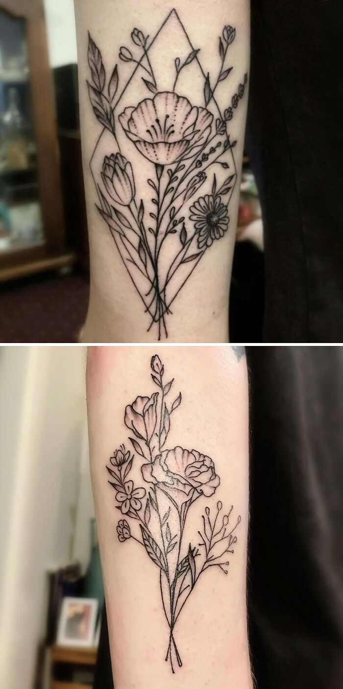 Intricate flower tattoos featuring delicate blossoms and geometric outlines on forearm skin.