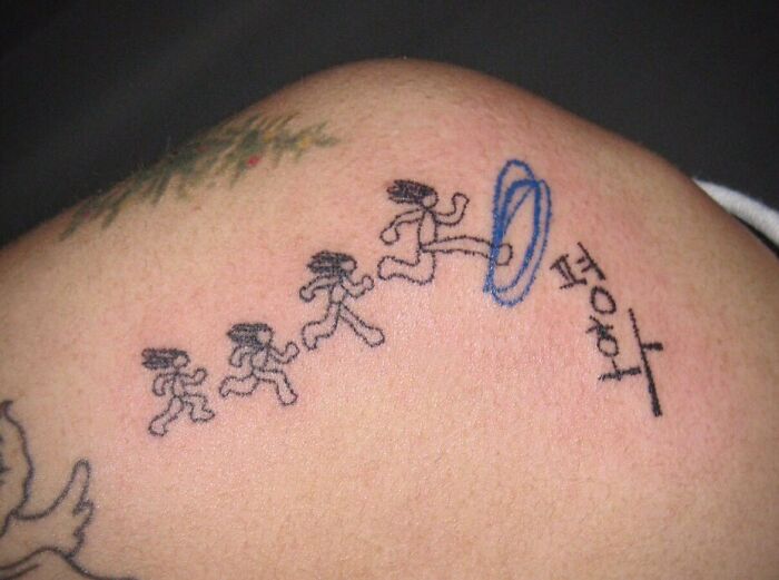 Jumping man tattoo showing progression through a portal, celebrating self-love with dynamic motion on skin.