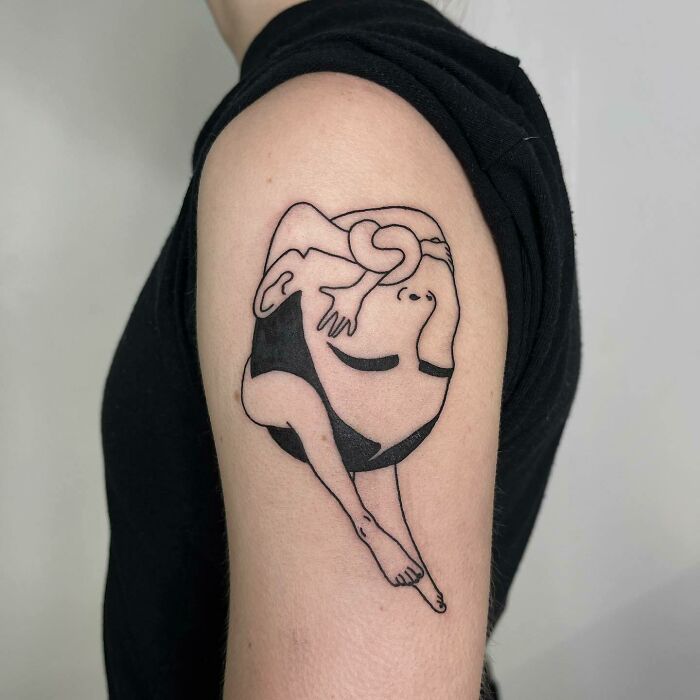 Line art tattoo on arm depicting self-love with abstract, minimalist design.