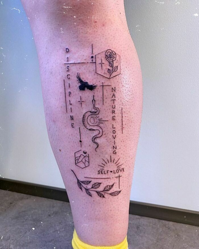 Tattoo featuring 'Discipline, Nature Loving, Self Love' text with floral and animal motifs.