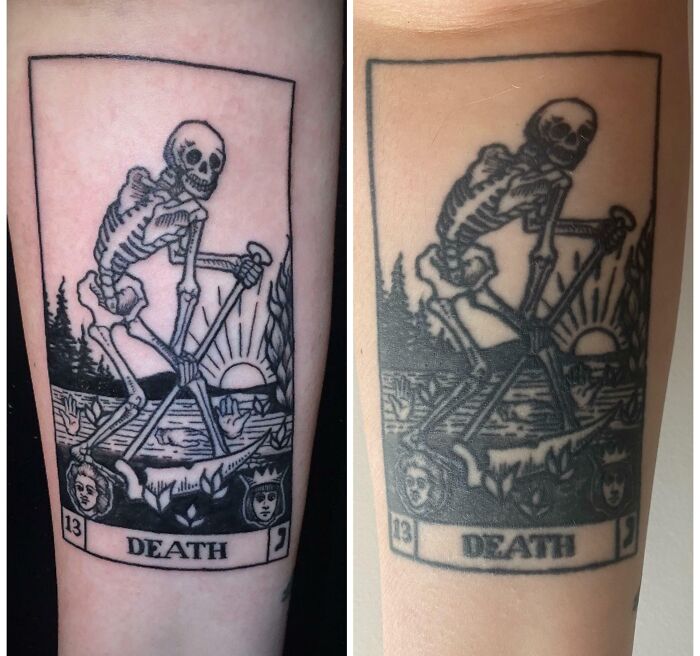 Aged tattoos showing fading over time with a skeleton design.