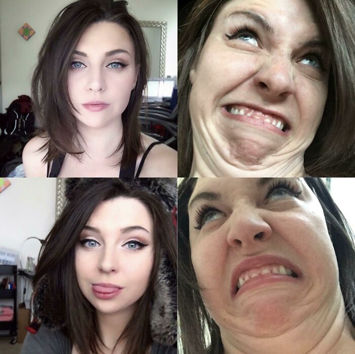 Funny before and after photos showing different facial expressions of the same person.