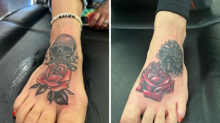 Two elegant flower tattoos on feet, featuring roses and additional designs, showcasing beauty and artistry.