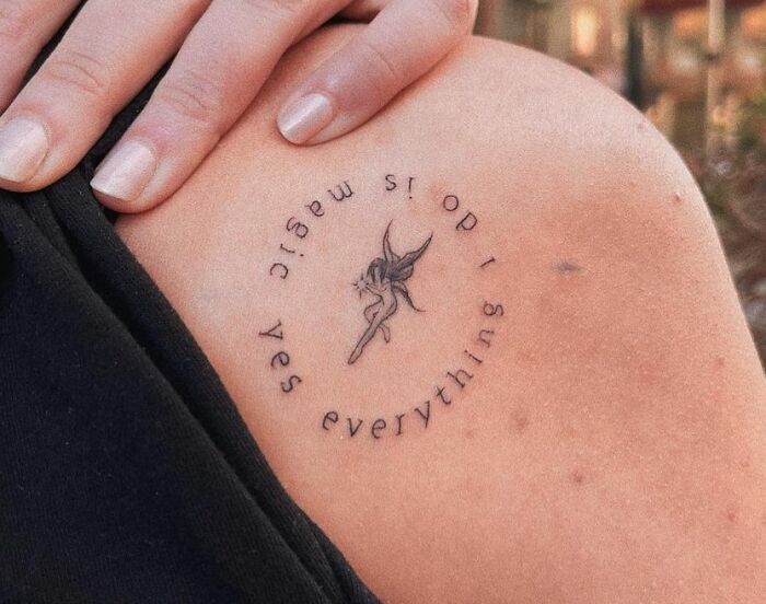 Fairy tattoo with "Yes Everything I Do Is Magic" text celebrating self-love.