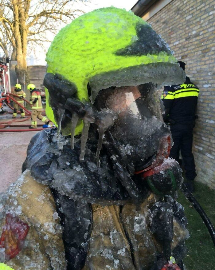 Dutch Firefighter After Dousing A Fire In Freezing Conditions
