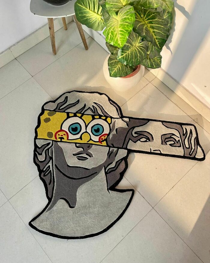 Spongebob in the statue head rug
