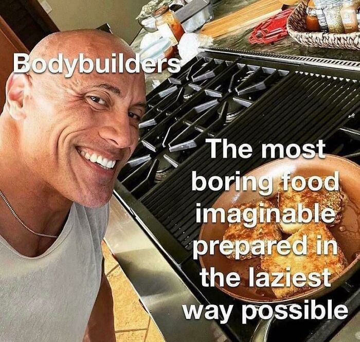 Smiling man next to a stove with food; text humor about gym rat diet simplicity.