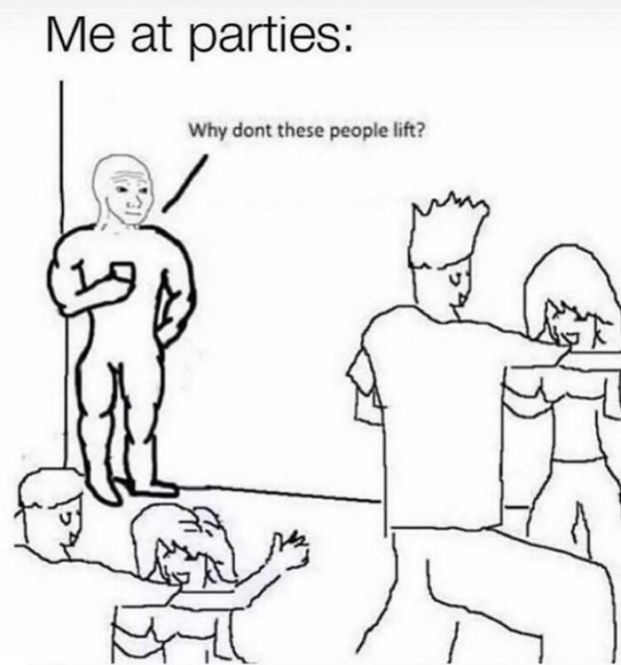 A gym meme depicting a muscular figure at a party, questioning why others don't lift weights.