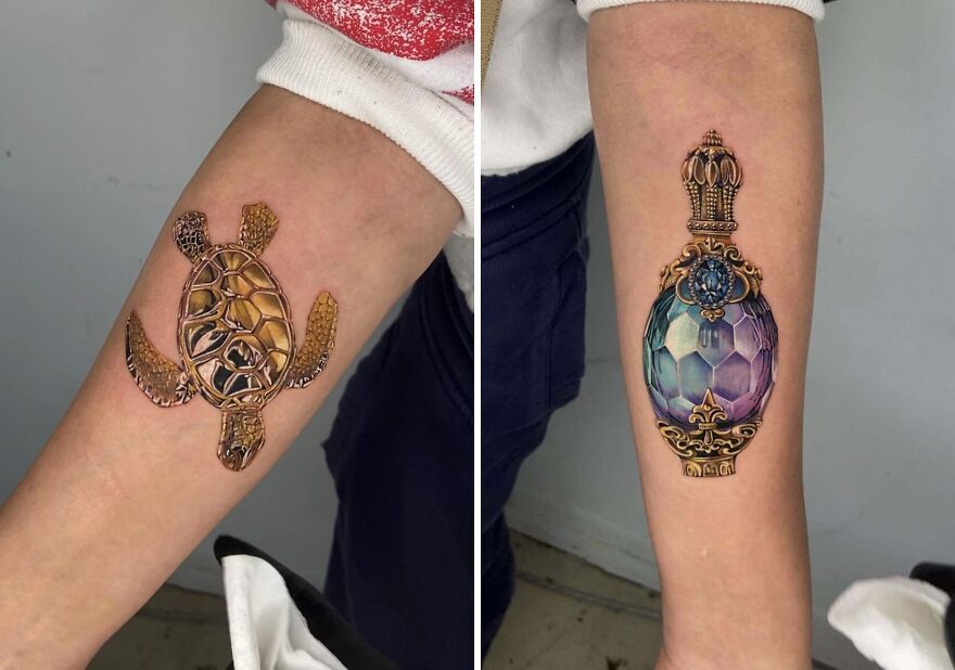 Golden turtle and ornate little bottle tattoos on forearms, showcasing realistic detailing.
