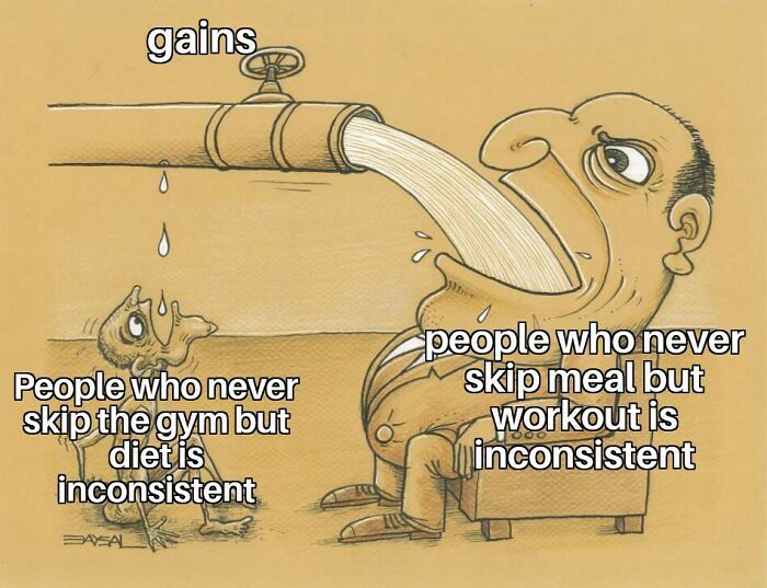 Cartoon of a large man seated, receiving gains, representing those who eat consistently but skip workouts; gym meme humor.