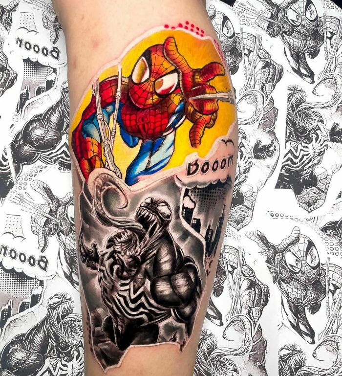 Marvel tattoo featuring Spider-Man swinging above Venom, vibrant color contrast on arm with comic book background.