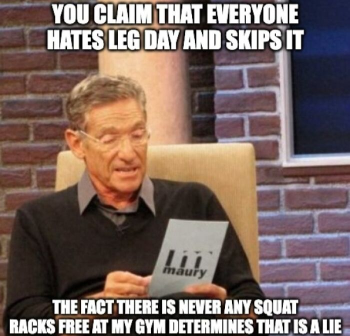 Meme of a TV show host reading a card about gym rats' love-hate relationship with leg day, highlighting common gym humor.
