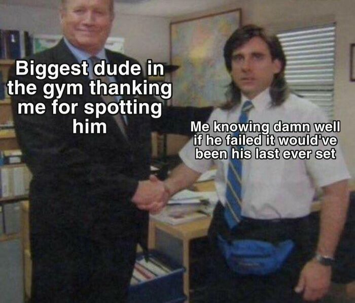 Two men shaking hands in an office, featuring gym humor about spotting and being appreciative.