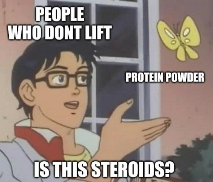 Anime character humorously confuses protein powder for steroids, showcasing a relatable gym meme.