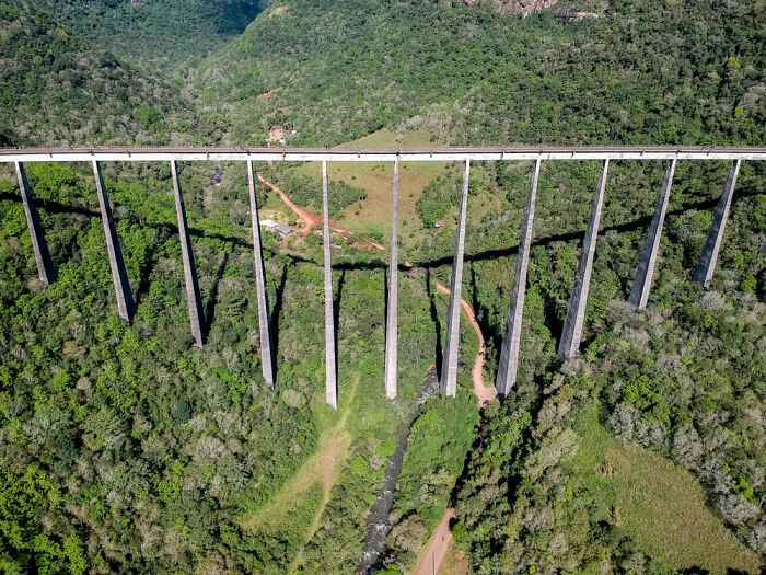 Aerial view of a tall bridge supported by pillars, showcasing the beauty of well-planned infrastructure in a green landscape.