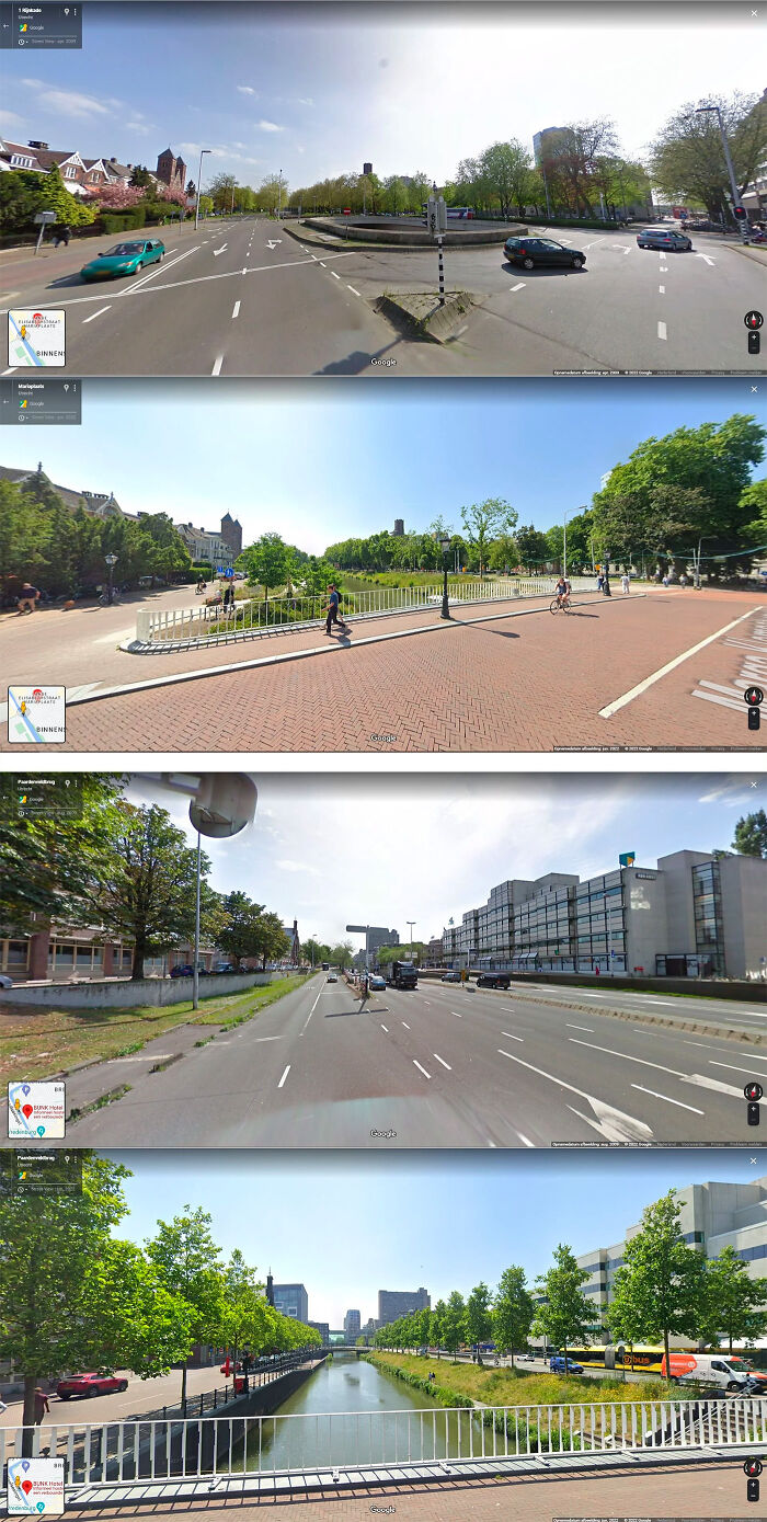 Urban scenes featuring well-planned infrastructure including roads, green spaces, bridges, and efficient traffic management.