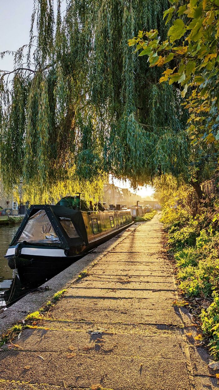 Canal boat moored beside a paved path under lush trees, showcasing the beauty of well-planned infrastructure.