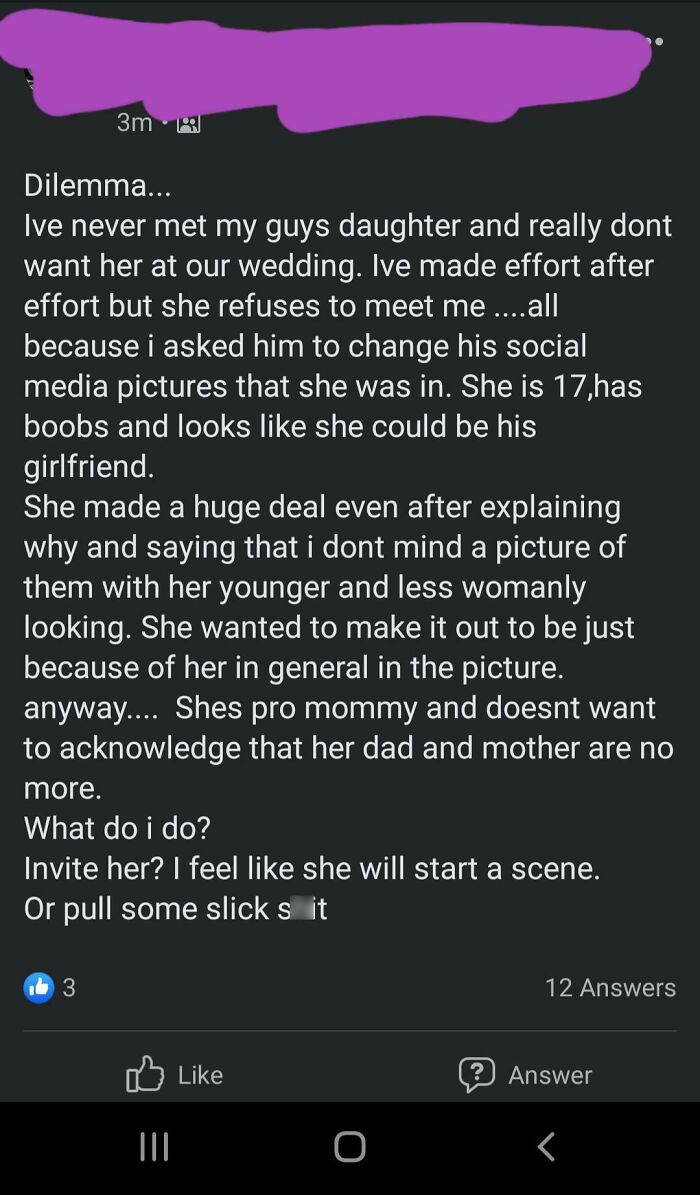 Bride Insecure Of Fiance's "Womanly" Teenage Daughter...yikes