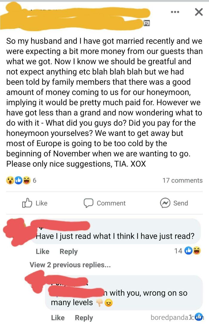 Disappointed Her Guests Aren't Paying For Their Honeymoon In Full