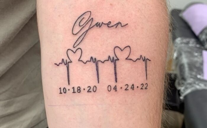 Heart and date tattoo design with script name, reflecting meaningful word tattoo ideas with personal significance.