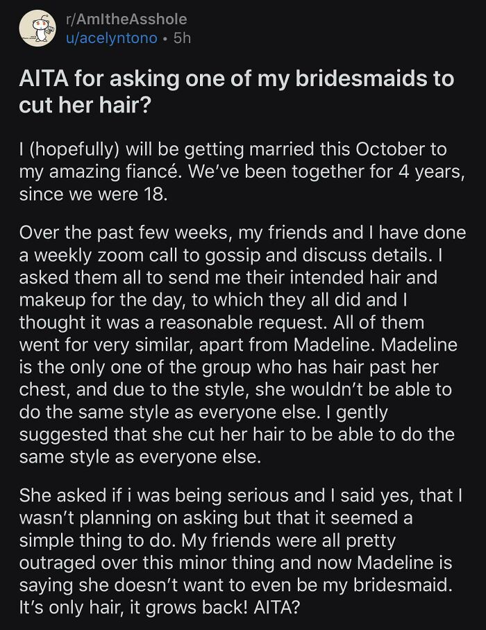 Bride Wants Bridesmaid To Cut Her Hair