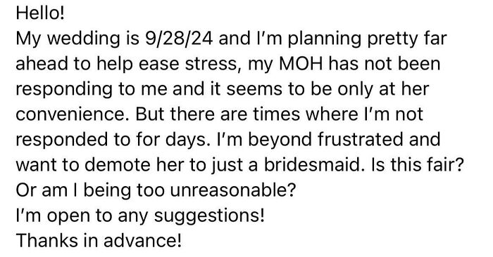 Bridezilla Wants To Drop Moh For Not Answering Over 2 Years Out From Her Wedding