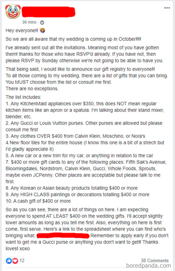 Bride Is Expecting Everyone To Spend $400 Or More On Her Wedding Gifts