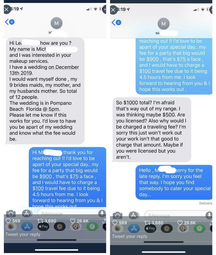 Cb Wanted This Mua To Basically Reduce The Price In Half And Pay For Travel Expenses Too