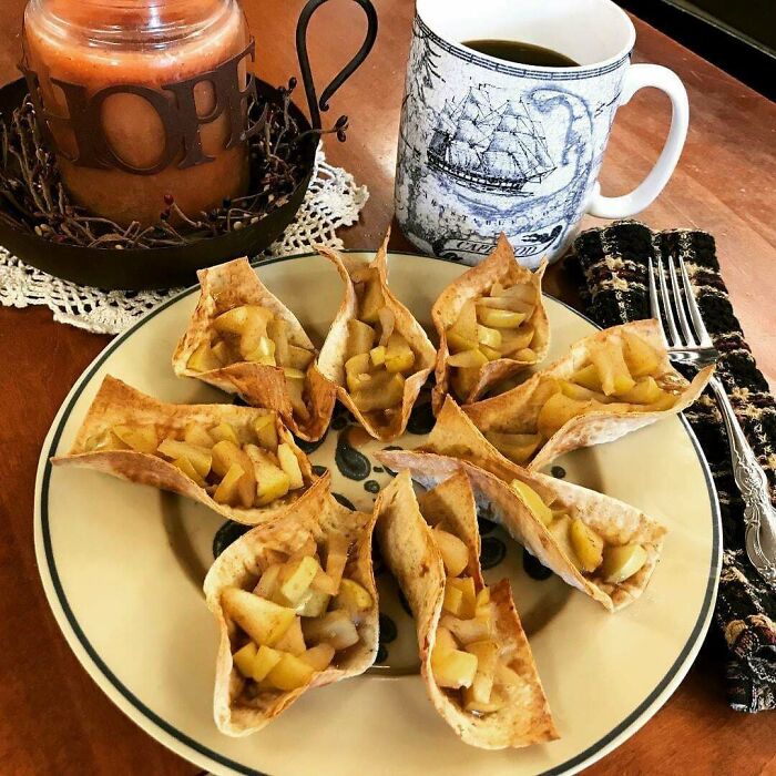 My Mini Apple Pie “Tacos” Made With Lavash Bread, A Diced Apple, A Little Syrup And Pie Spices