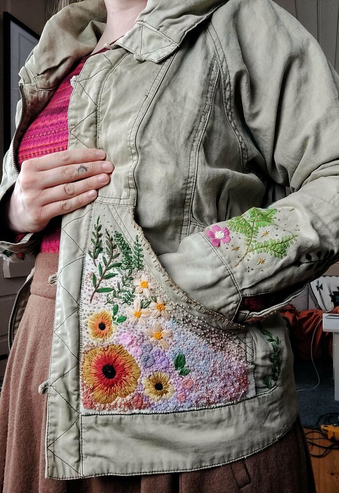 Beginner. My Friend Asked Me To Repair Her Favorite Jacket With Some Embroidery. The Jacket Was In A Real Poor State, But I Said Yes, And Now It's Done! Hopefully Now She Can Love The Jacket A Few More Years!