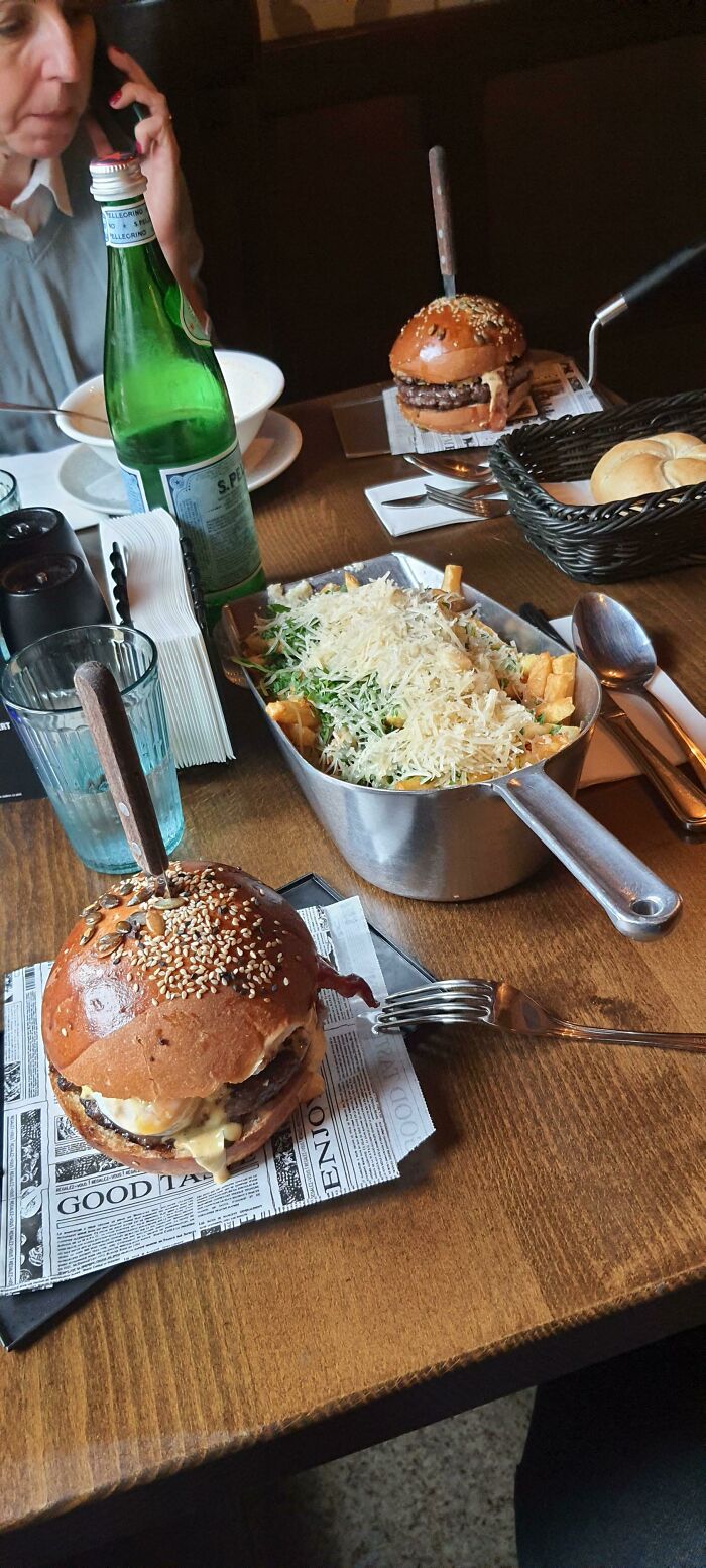 Mom And I Went For Burgers And Got A "Bucket Of Fries". This Is Neither A Bucket Nor A Plate. The Burgers Were On Some Metal Plaques With A Handle, Too. But Hey Pretty Tasty!