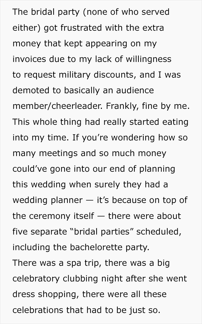 Bridal party frustrations over unexpected costs and demotion to audience member noted in paragraph text.
