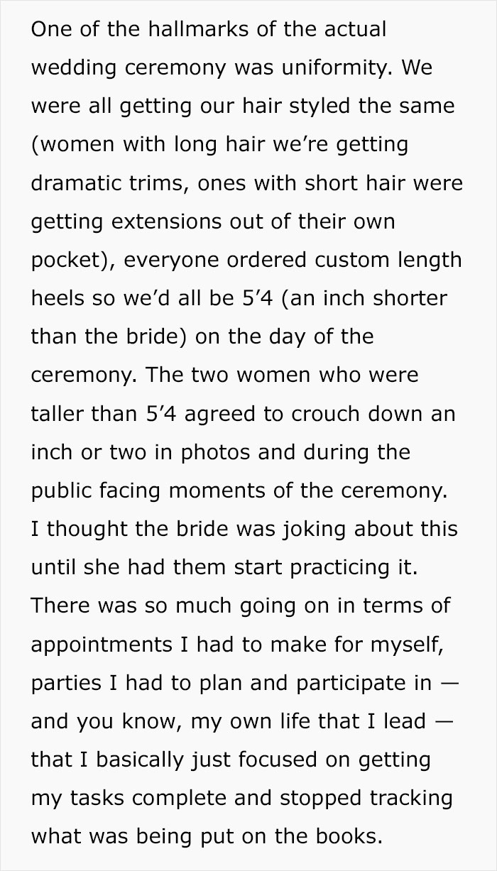 Text describing a wedding ceremony with focus on bridesmaid uniformity and matching hair and heels.