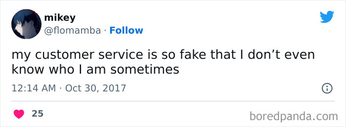Tweet meme about the struggle of working in retail, humorously describing fake customer service.