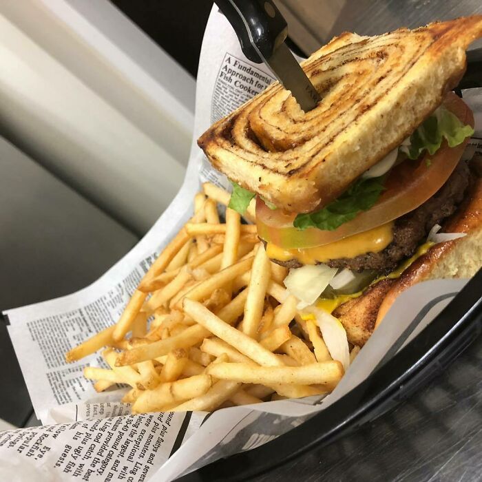 Cinnamon roll hamburger with fries