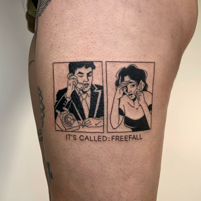 Tattoo of illustrations depicting two people on phones, titled "It's Called: Freefall."