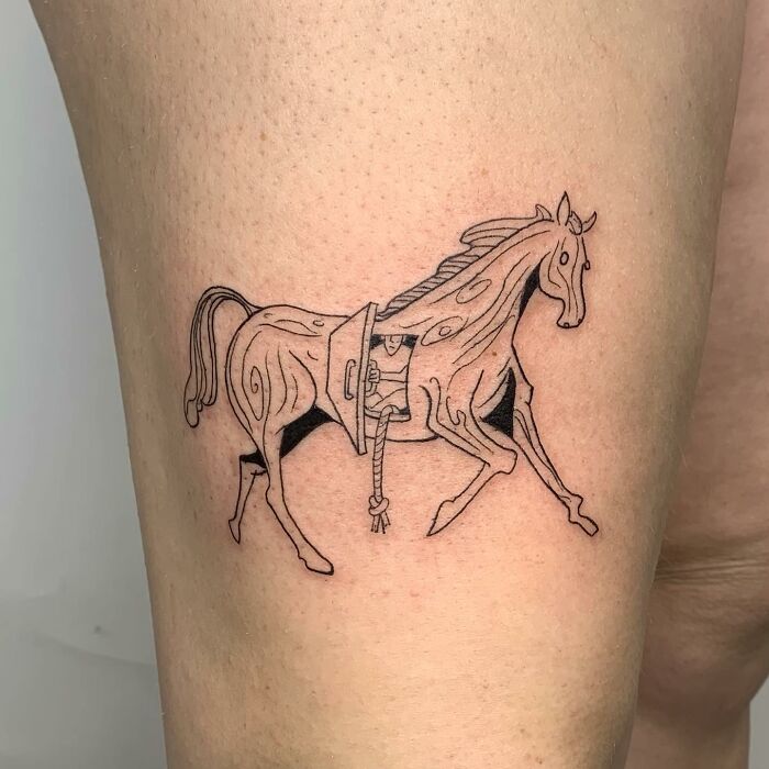Illustration-style tattoo of a horse with a door on its side by artist.