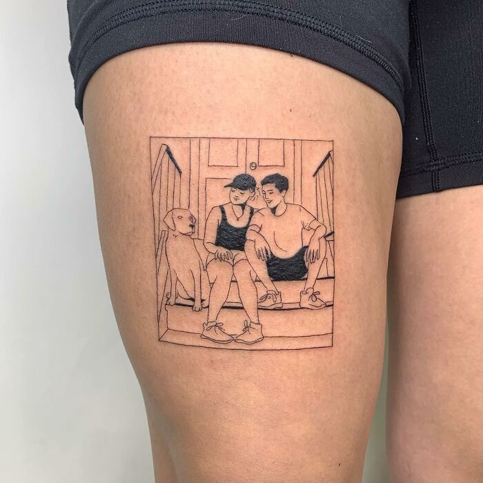 Illustration-style tattoo of two people sitting with a dog on steps.