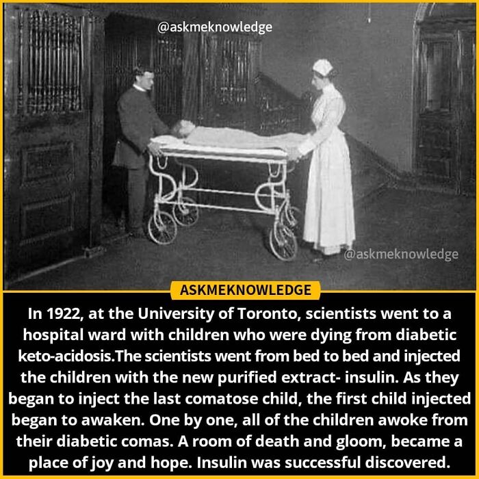 Old photo of a hospital scene with a doctor and nurse beside a stretcher, related to interesting medical facts about insulin.