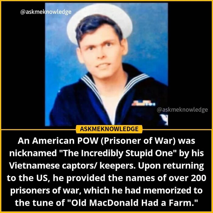 Image of a sailor in uniform with text on a fact about an American POW memorizing names of prisoners to a tune.