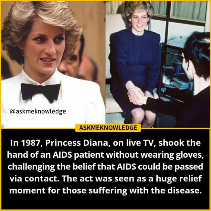 Princess Diana shaking hands with an AIDS patient on live TV in 1987, challenging misconceptions about the disease.