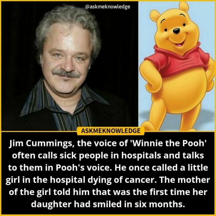 Man next to Winnie the Pooh, known for making hospital calls in character, bringing joy to sick children.