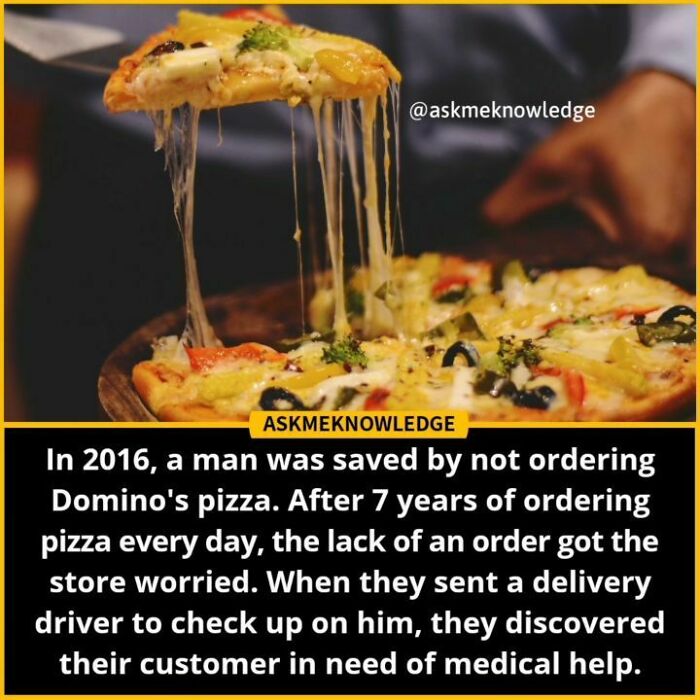 Pizza being served with text about a man's life being saved by missing his daily pizza order, shared by an Instagram page.